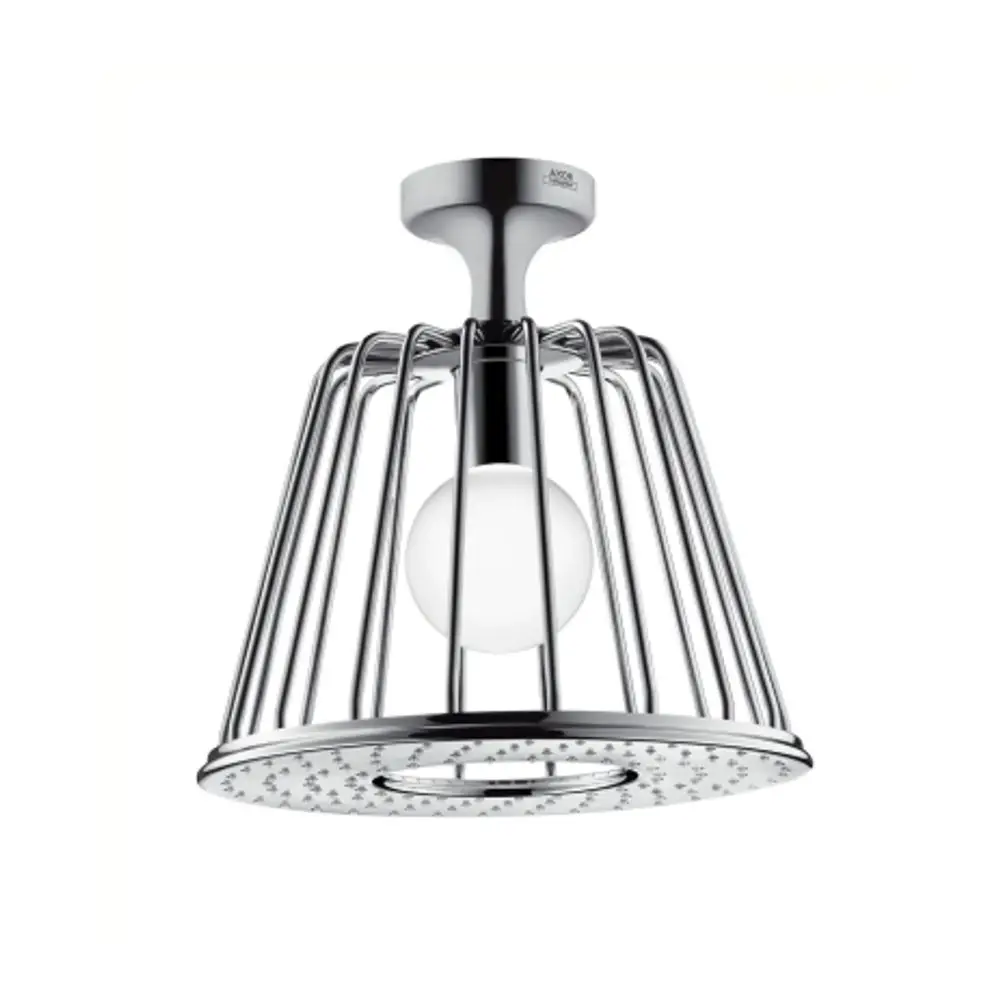 Deckenlampe mit chromfarbener Metallstruktur und einer kugelförmigen, weißen Leuchte, entworfen von AXOR, geeignet für moderne Innenräume.